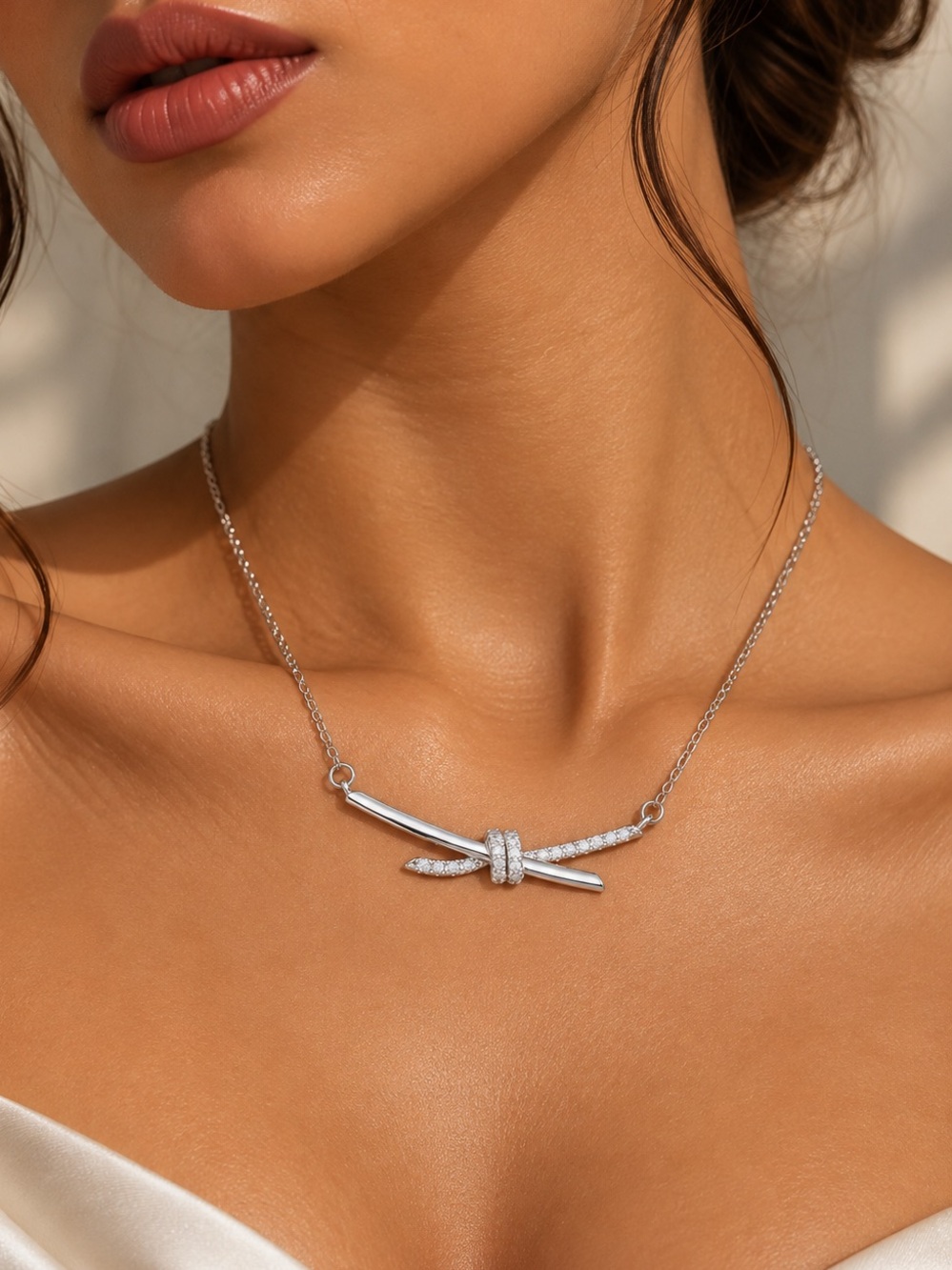 Sterling Silver Knot Bar Necklace - Silver